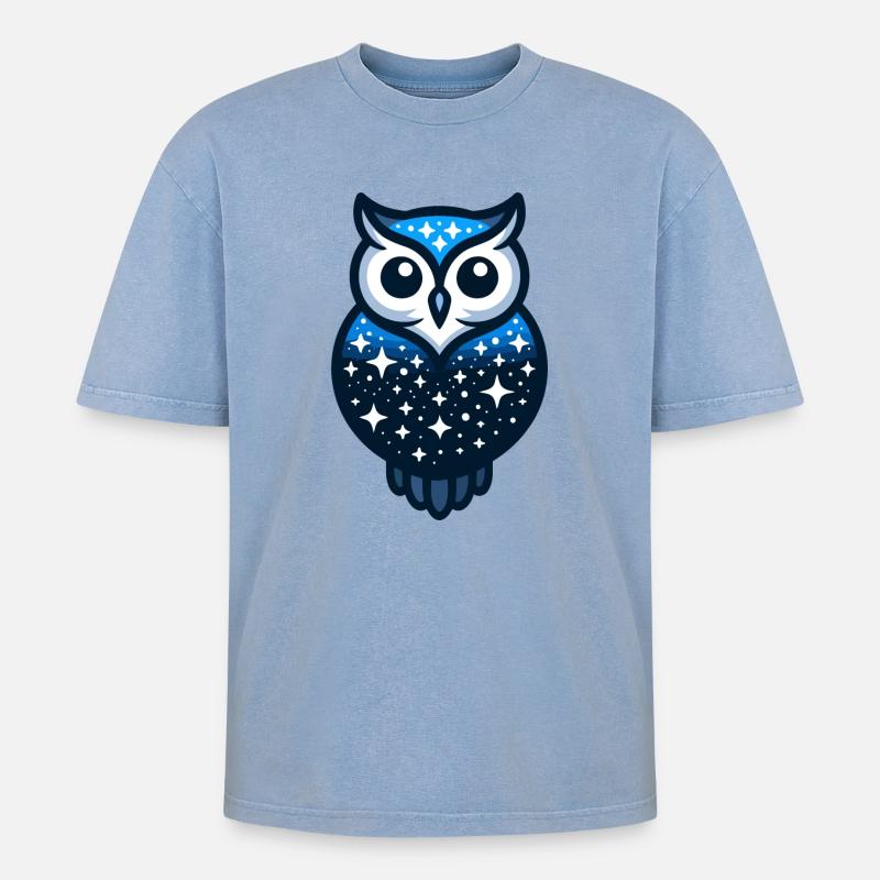 Celestial Owl: Der Nachthimmelswächter - Oversized Unisex Premium Acid-Washed T-Shirt - Blau Acid Wash