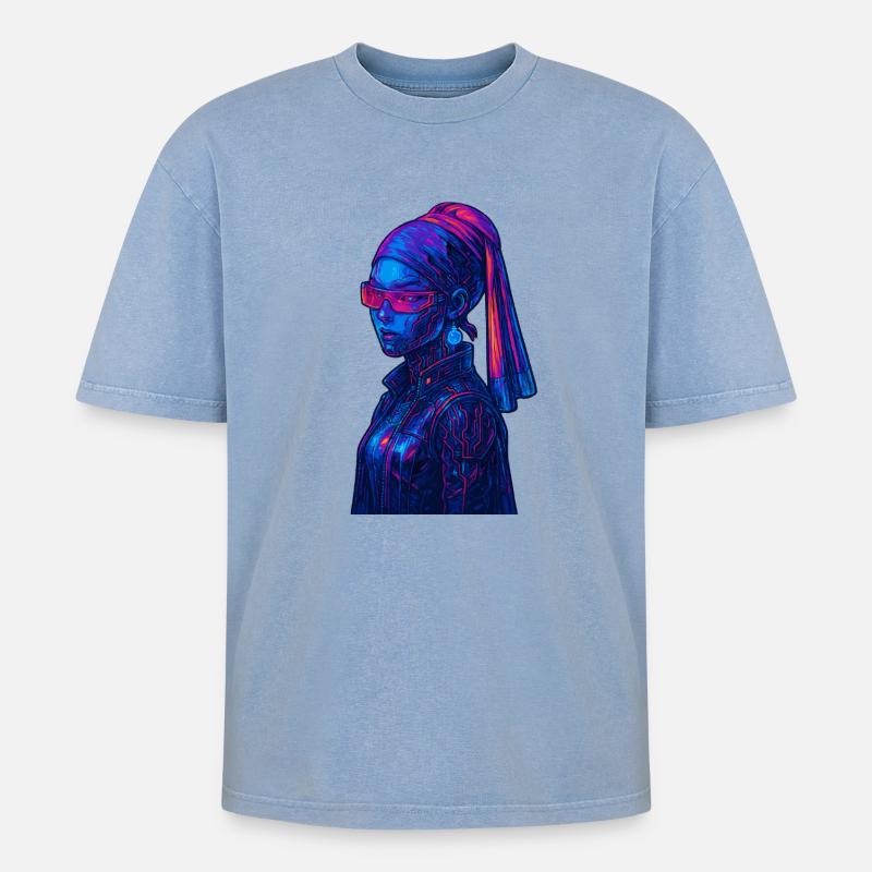 Cyberpunk mit Perle - Oversized Unisex Premium Acid-Washed T-Shirt - Blau Acid Wash