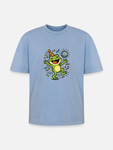 Party Frog - Oversized Unisex Premium Acid-Washed T-Shirt - acid washed blue