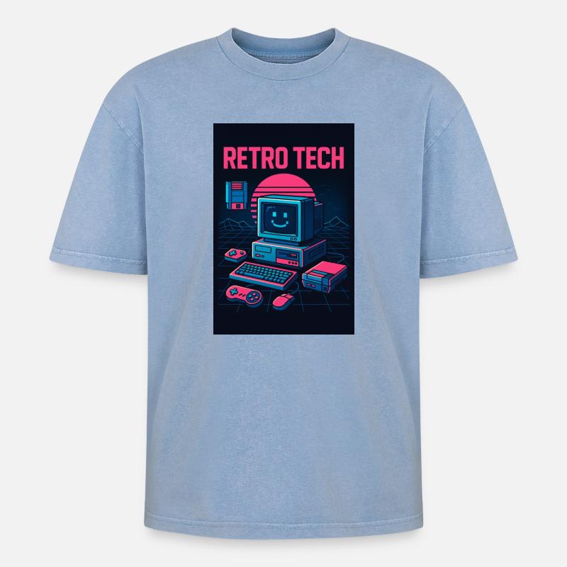 Retro Tech Computer Grafikdesigner mit Lächeln - Oversized Unisex Premium Acid-Washed T-Shirt - Blau Acid Wash