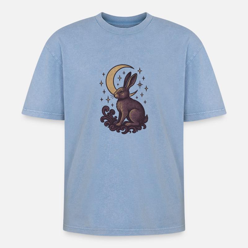 Celestial Hare Mystical Illustration - Oversized Unisex Premium Acid-Washed T-Shirt - acid washed blue