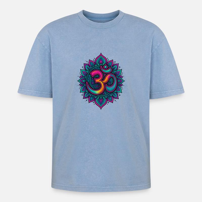 Psychedelisches Om Goa Mandala - Oversized Unisex Premium Acid-Washed T-Shirt - Blau Acid Wash