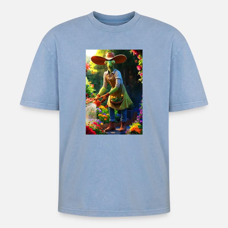 Humanoide Gartenmantis mit Scheunenhut - Oversized Unisex Premium Acid-Washed T-Shirt - Blau Acid Wash