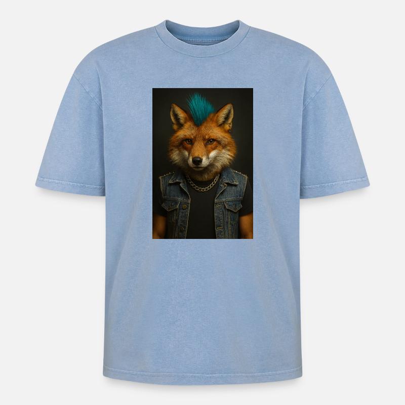 Punkfuchs Denim-Weste - Oversized Unisex Premium Acid-Washed T-Shirt - Blau Acid Wash
