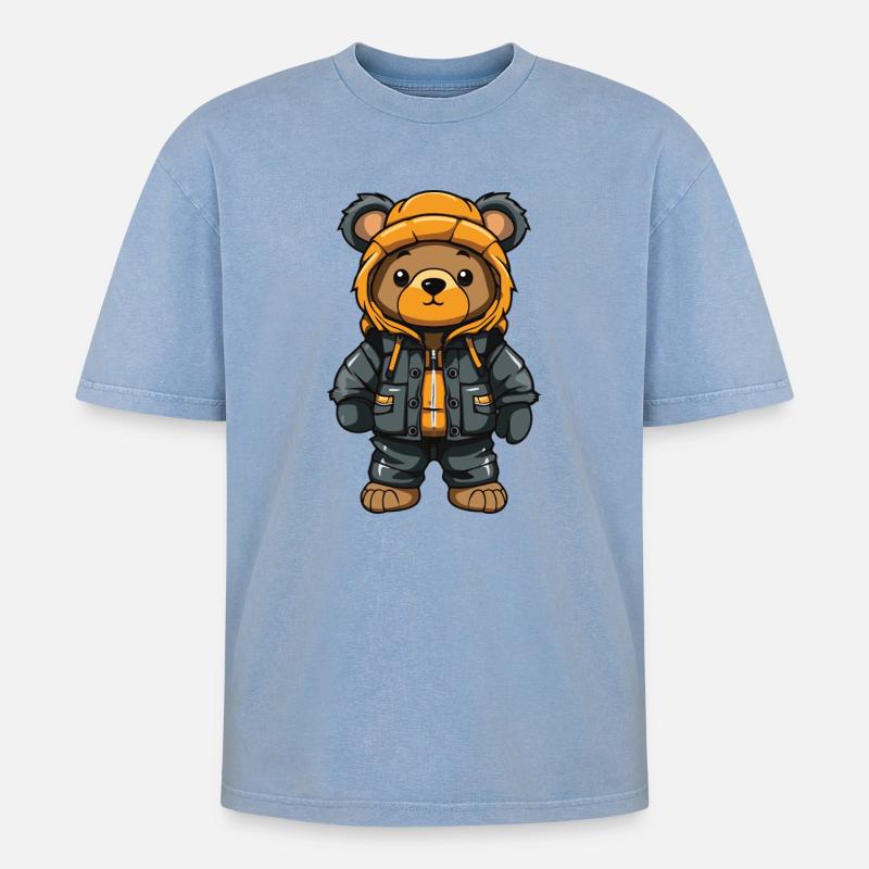 Bear Winter Comic Cute - Oversized Unisex Premium Acid-Washed T-Shirt - acid washed blue