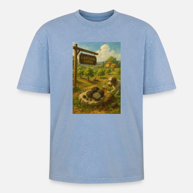 Trüffelfarm Rustikale Landschaft - Oversized Unisex Premium Acid-Washed T-Shirt - Blau Acid Wash