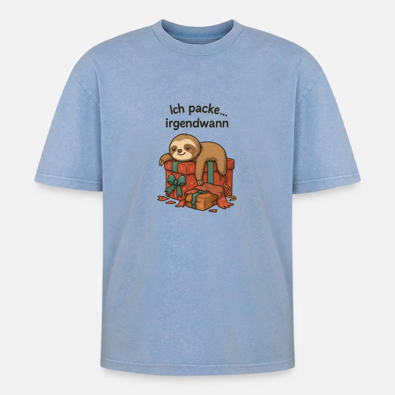 Faultier beim Geschenkestapel - Oversized Unisex Premium Acid-Washed T-Shirt - Blau Acid Wash