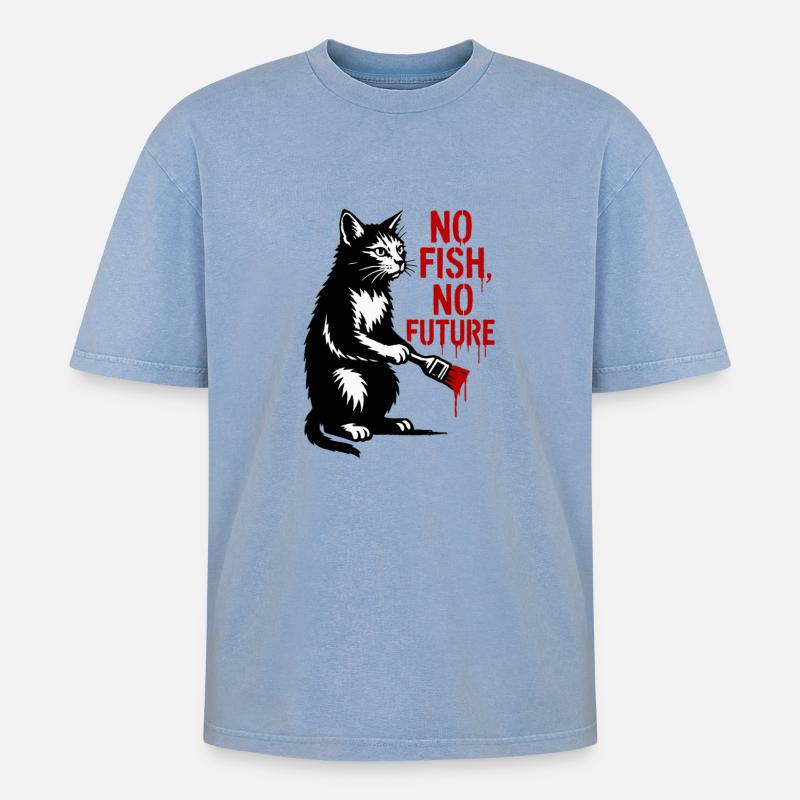 No Fish No Future Katze Graffiti - Oversized Unisex Premium Acid-Washed T-Shirt - Blau Acid Wash