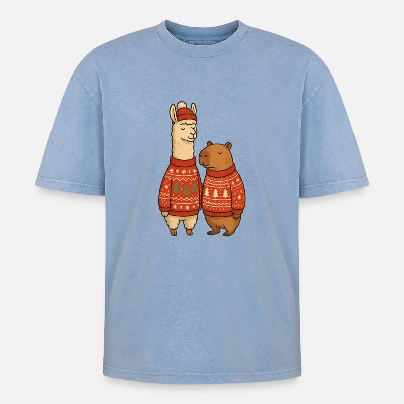 Lama und Cabibara Weihnachtspullover Duo - Oversized Unisex Premium Acid-Washed T-Shirt - Blau Acid Wash