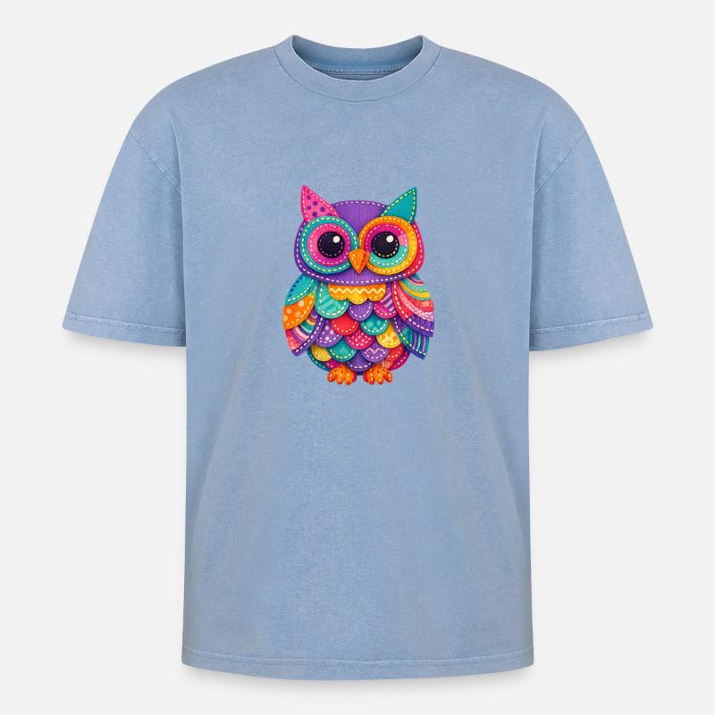 Patchwork Owl Magic - Oversized Unisex Premium Acid-Washed T-Shirt - acid washed blue