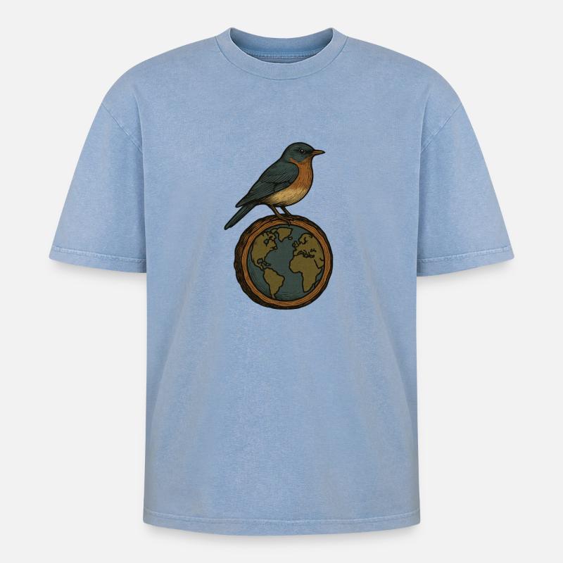 Robin sur World Globe - T-shirt Premium unisexe oversize acid-washed - bleu délavé acide