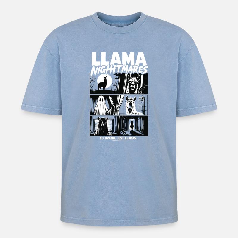 Llama Nightmares Horror Comic - Oversized Unisex Premium Acid-Washed T-Shirt - Blau Acid Wash