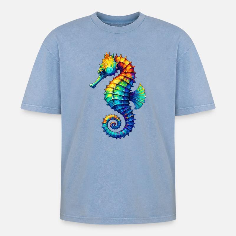 Seepferdchen - Oversized Unisex Premium Acid-Washed T-Shirt - Blau Acid Wash