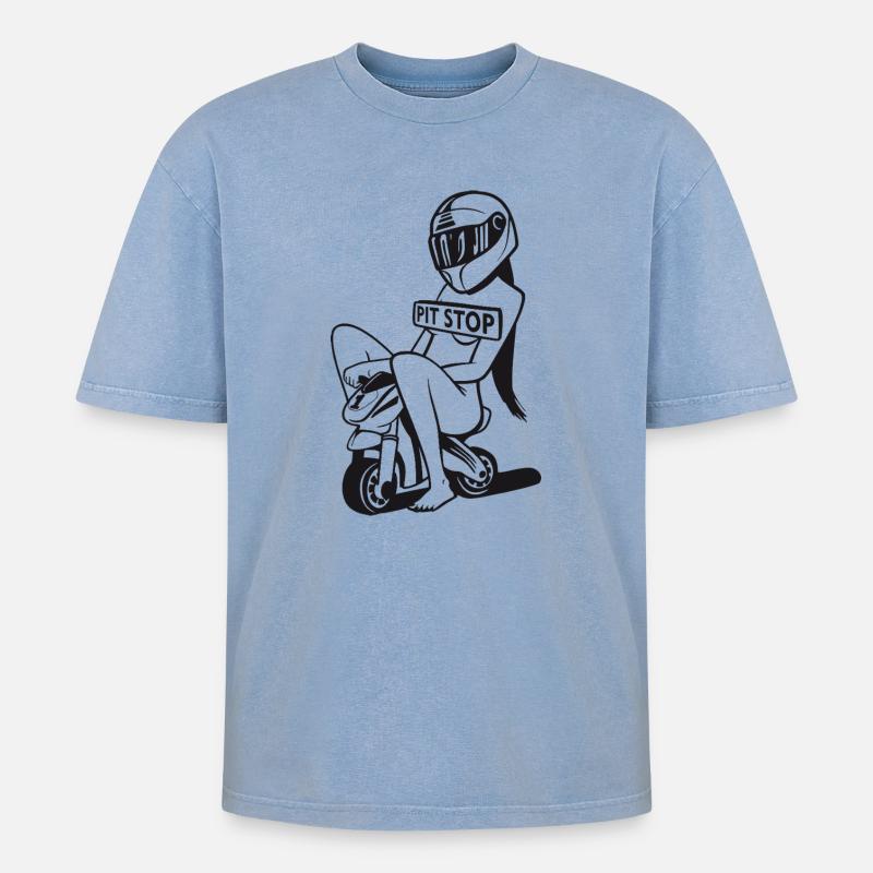 Pit Stop Racer Mädchen - Oversized Unisex Premium Acid-Washed T-Shirt - Blau Acid Wash