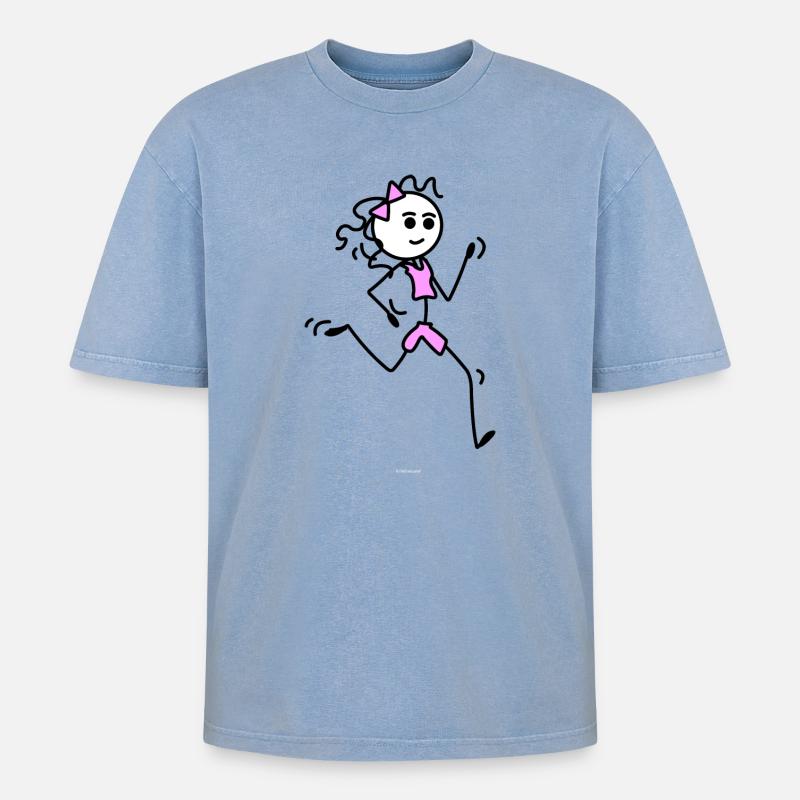 Ich laufe, Läufermädchen mit Fliege - Oversized Unisex Premium Acid-Washed T-Shirt - Blau Acid Wash