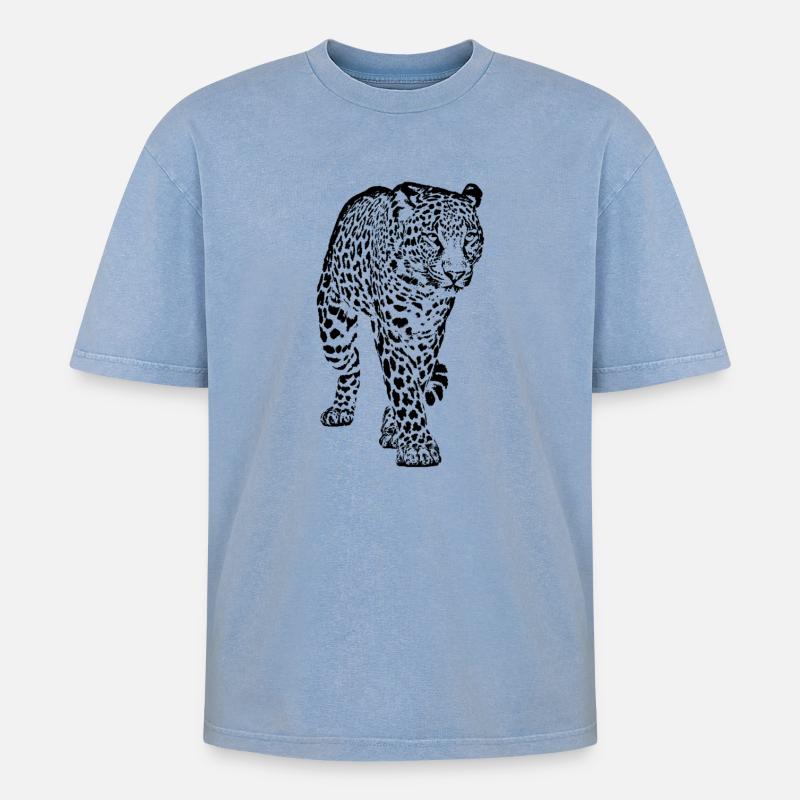 Leopard Tier - Oversized Unisex Premium Acid-Washed T-Shirt - Blau Acid Wash