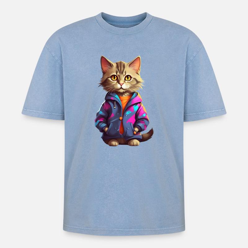 Stilvolle Stadtkatze - Oversized Unisex Premium Acid-Washed T-Shirt - Blau Acid Wash