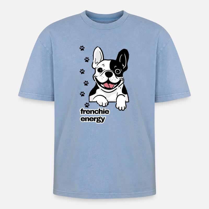 Frenchie Energy - Oversized Unisex Premium Acid-Washed T-Shirt - Blau Acid Wash