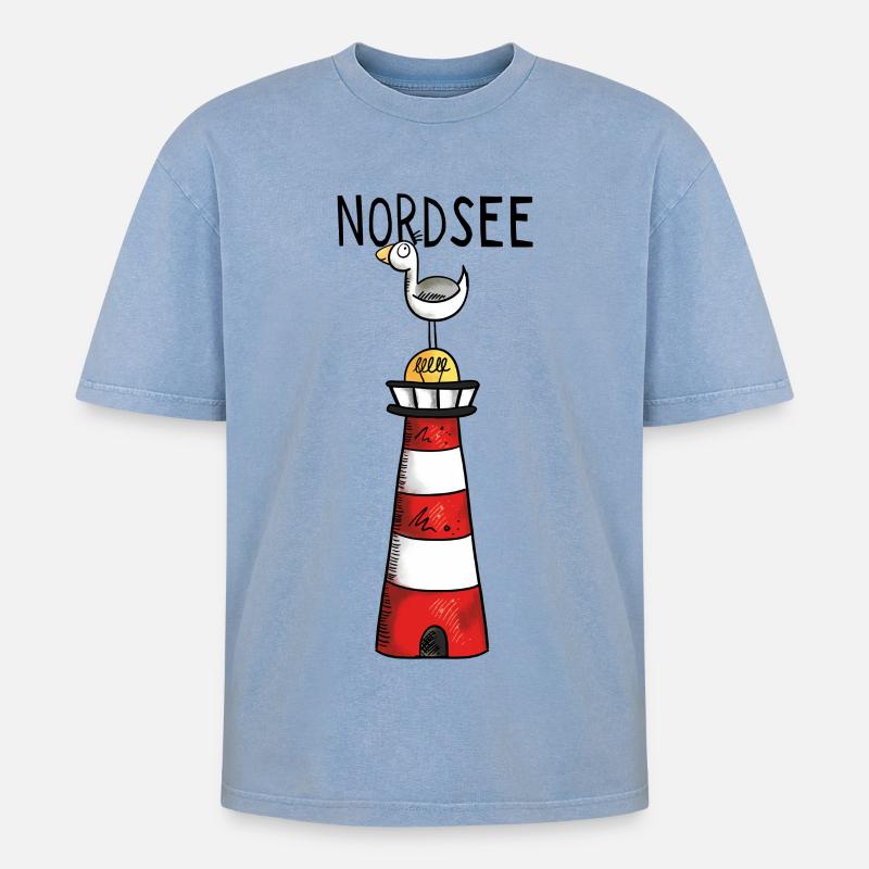 Nordsee Leuchtturm - Möwe - Comic - Geschenk - Oversized Unisex Premium Acid-Washed T-Shirt - Blau Acid Wash