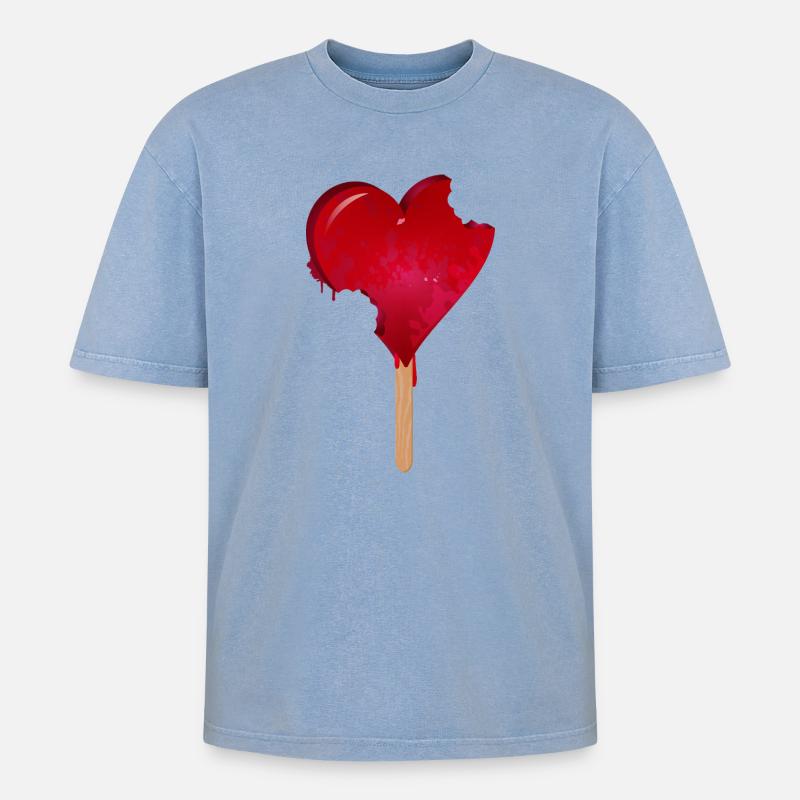 Rotes Herz Eis mit Biss - Oversized Unisex Premium Acid-Washed T-Shirt - Blau Acid Wash