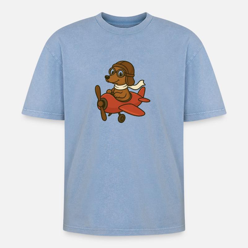 Abenteuerlicher Hund Pilot im Flugzeug - Oversized Unisex Premium Acid-Washed T-Shirt - Blau Acid Wash