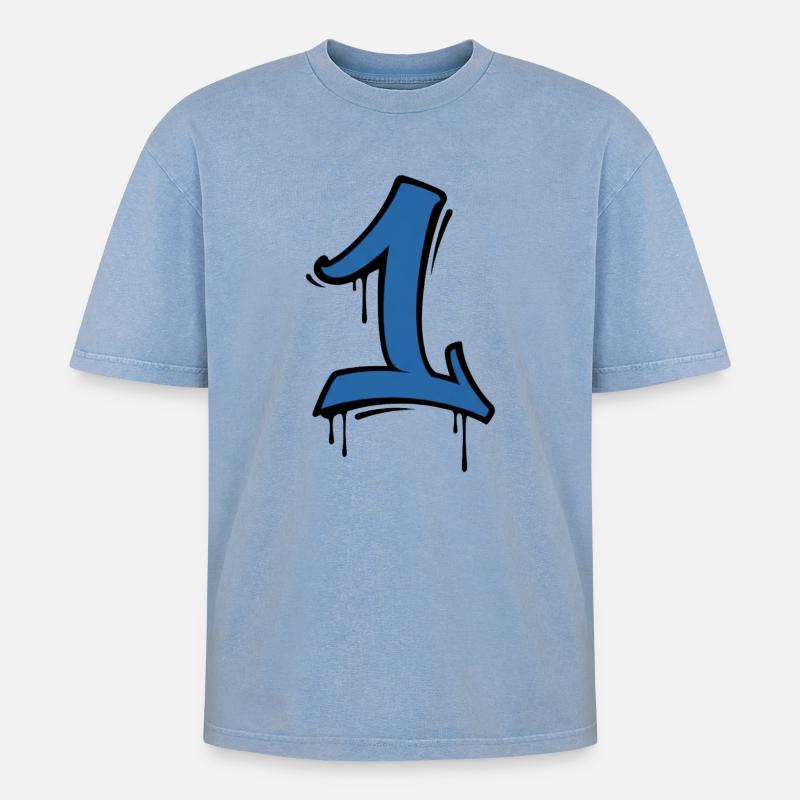 Graffiti Eins Neonblau - Oversized Unisex Premium Acid-Washed T-Shirt - Blau Acid Wash