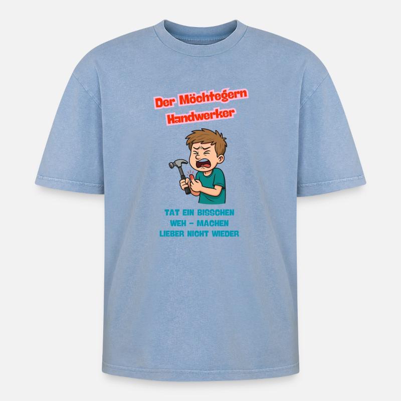Der Möchtegern Handwerker Comic Karikatur  - Oversized Unisex Premium Acid-Washed T-Shirt - Blau Acid Wash