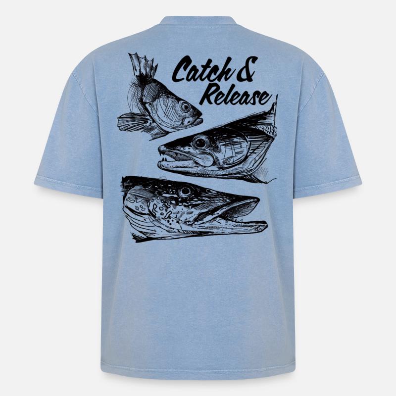 Catch & Release - Oversized Unisex Premium Acid-Washed T-Shirt - Blau Acid Wash