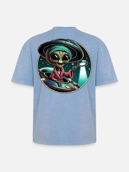 Alien detective in UFO light - Oversized Unisex Premium Acid-Washed T-Shirt - acid washed blue