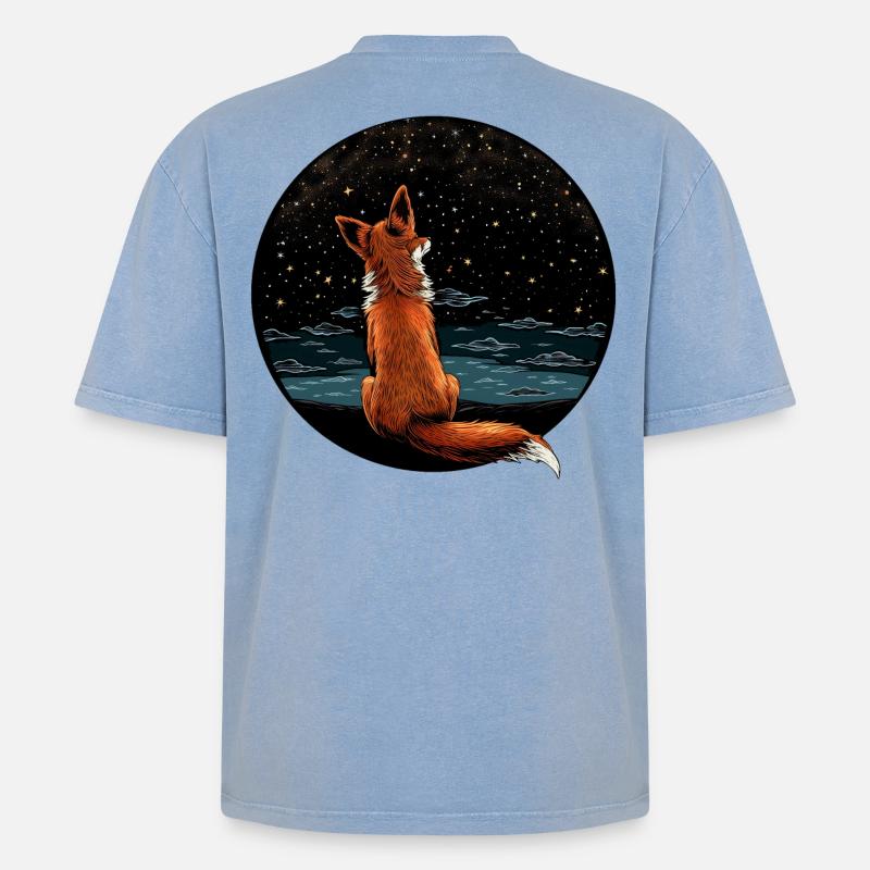 Fuchs mit Sternenhimmel - Oversized Unisex Premium Acid-Washed T-Shirt - Blau Acid Wash