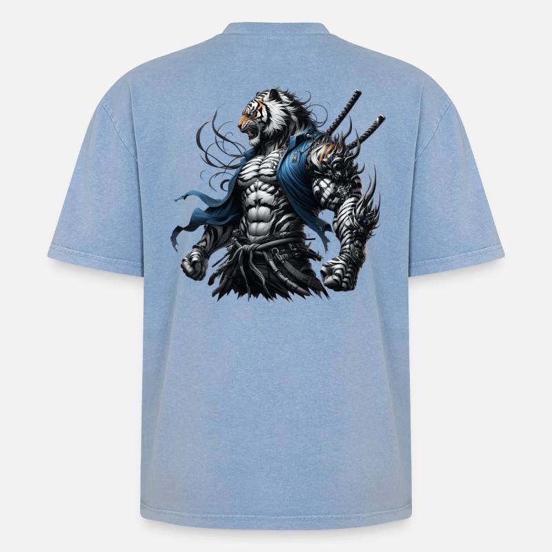 Samurai-Tiger - Oversized Unisex Premium Acid-Washed T-Shirt - Blau Acid Wash