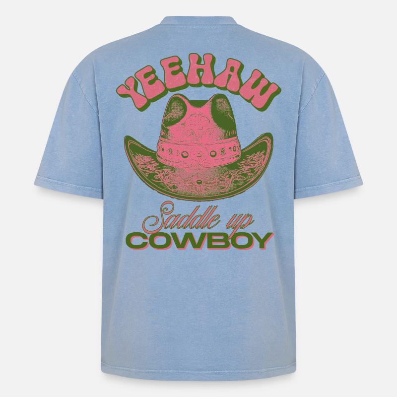 Yeehaw Saddle Up Cowboy Hat - Oversized Unisex Premium Acid-Washed T-Shirt - acid washed blue