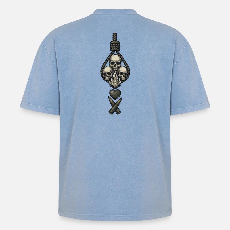 Avi Collection – Skulls & Flame - Oversized Unisex Premium Acid-Washed T-Shirt - Blau Acid Wash