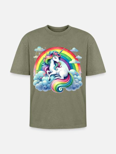 Regenbogen-Einhorn auf Wolken - Oversized Unisex Premium Acid-Washed T-Shirt - Grün Acid Wash