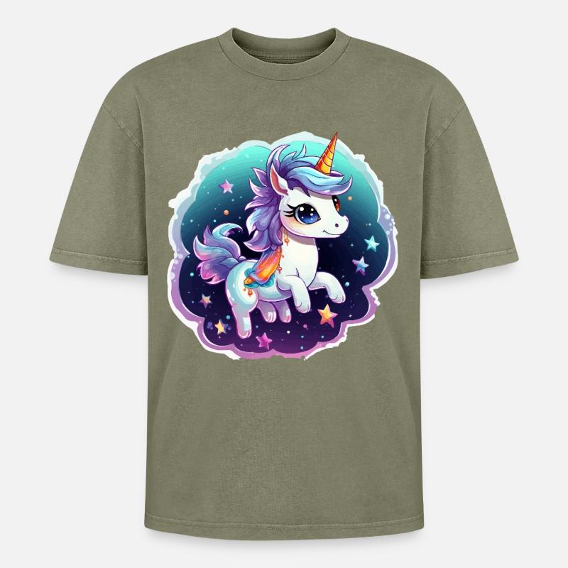 Kosmisches Einhorn mit Schal - Oversized Unisex Premium Acid-Washed T-Shirt - Grün Acid Wash