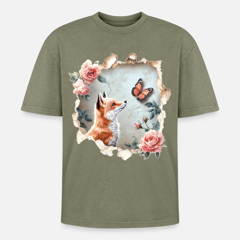 Fox with Butterfly - Oversized Unisex Premium Acid-Washed T-Shirt - acid washed green