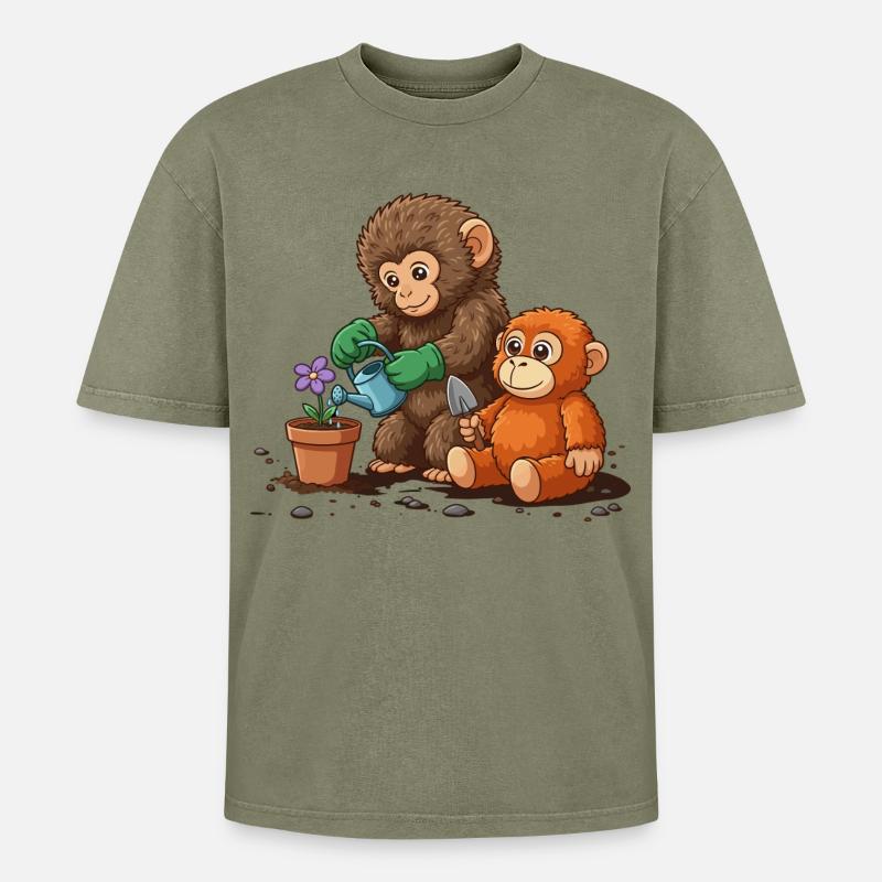 the monkey punch - Affe Gartenarbeit - Oversized Unisex Premium Acid-Washed T-Shirt - Grün Acid Wash