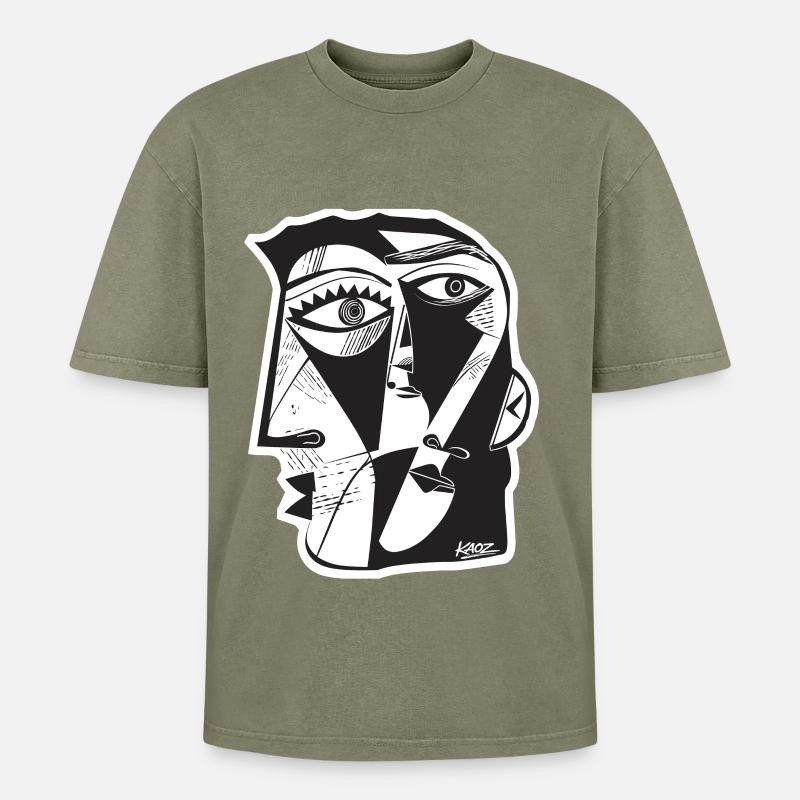 Cubist Face Linework - Oversized Unisex Premium Acid-Washed T-Shirt - acid washed green