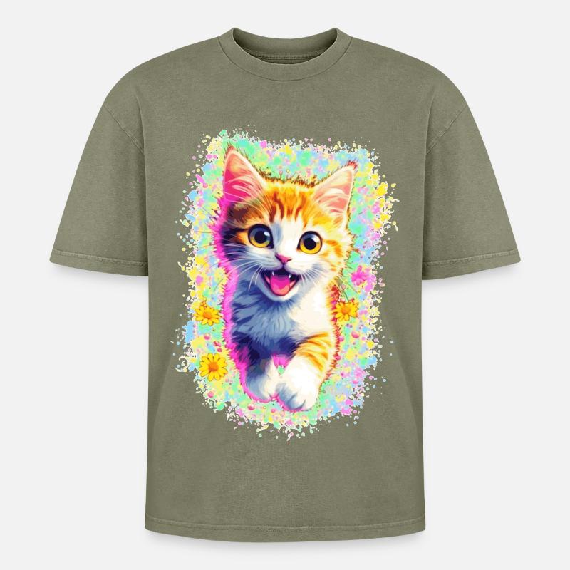 Glückliches Kätzchen 🌼🌸 - Oversized Unisex Premium Acid-Washed T-Shirt - Grün Acid Wash