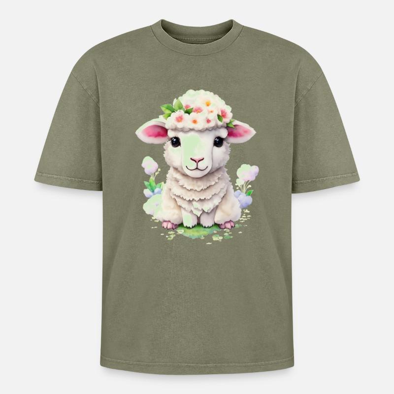 süßes Schaf - Oversized Unisex Premium Acid-Washed T-Shirt - Grün Acid Wash