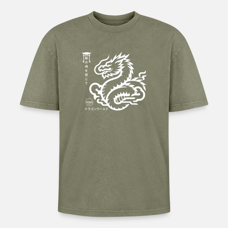 Japanese Dragon with Japanese Script - Oversized Unisex Premium Acid-Washed T-Shirt - acid washed green