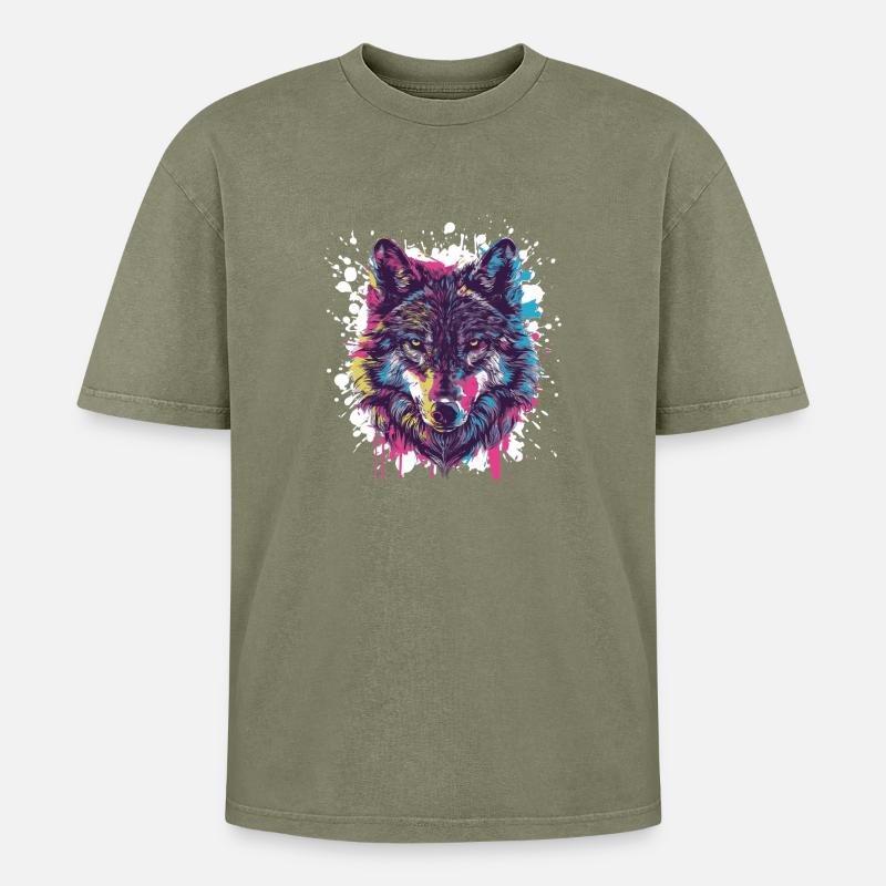 Wolf Tier Farbklecks - Oversized Unisex Premium Acid-Washed T-Shirt - Grün Acid Wash