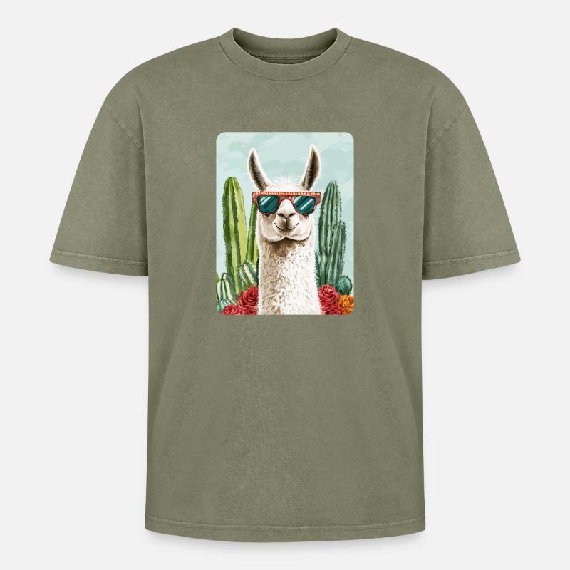 Lama - Oversized Unisex Premium Acid-Washed T-Shirt - Grün Acid Wash