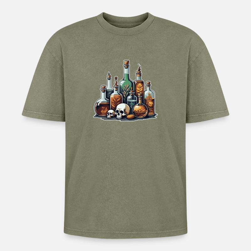 Alchemie Fläschchen Schädel Design - Oversized Unisex Premium Acid-Washed T-Shirt - Grün Acid Wash