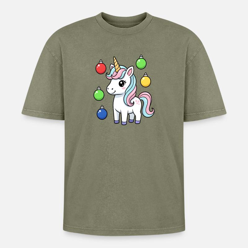 Süßes Weihnachts-Einhorn - Oversized Unisex Premium Acid-Washed T-Shirt - Grün Acid Wash