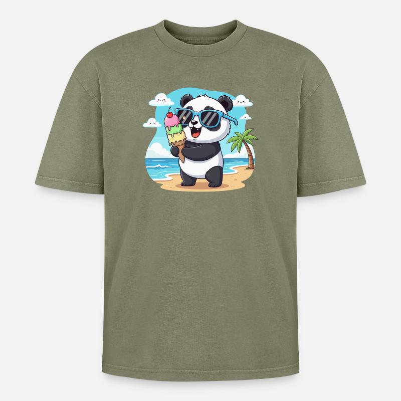 Panda am Strand mit Eiscreme - Oversized Unisex Premium Acid-Washed T-Shirt - Grün Acid Wash