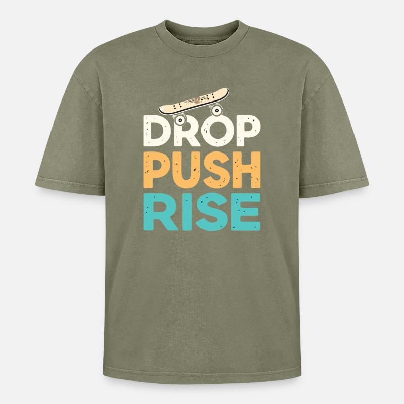 Drop Push Rise Retro Skateboard - Oversized Unisex Premium Acid-Washed T-Shirt - Grün Acid Wash