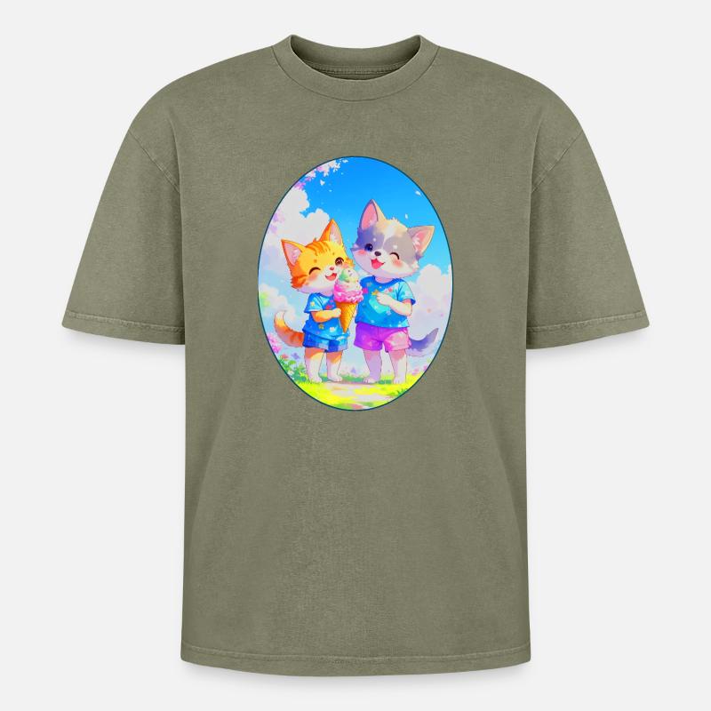 Kätzchen, Hündchen & Eiscreme (Oval) - Oversized Unisex Premium Acid-Washed T-Shirt - Grün Acid Wash