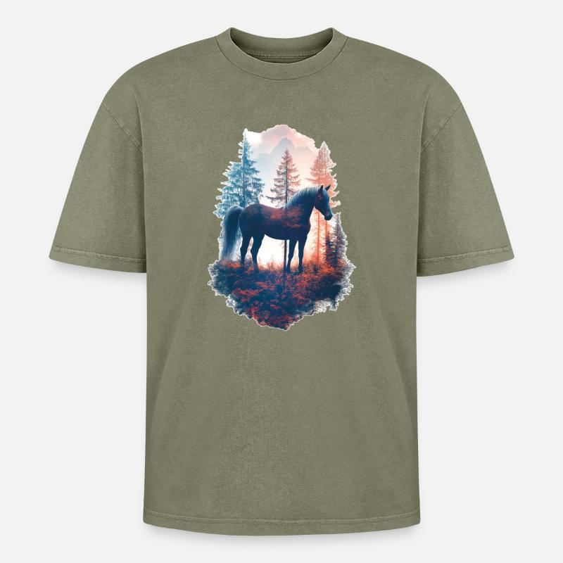 Pferd - Oversized Unisex Premium Acid-Washed T-Shirt - Grün Acid Wash
