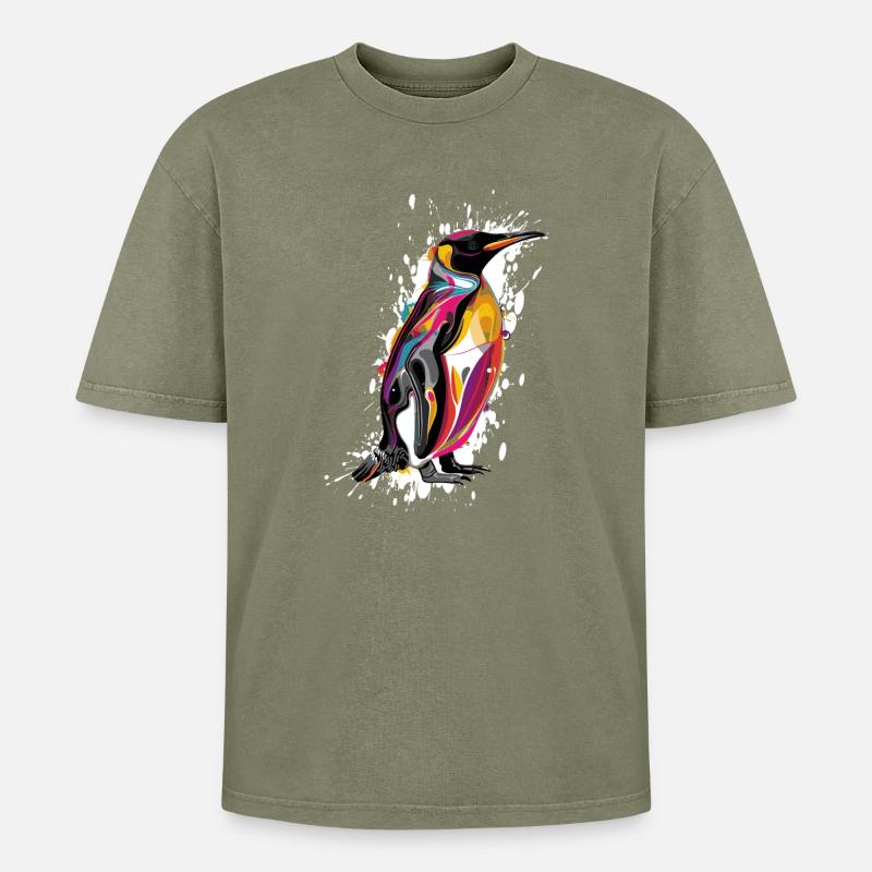 Farbexplosion Pinguin - Oversized Unisex Premium Acid-Washed T-Shirt - Grün Acid Wash